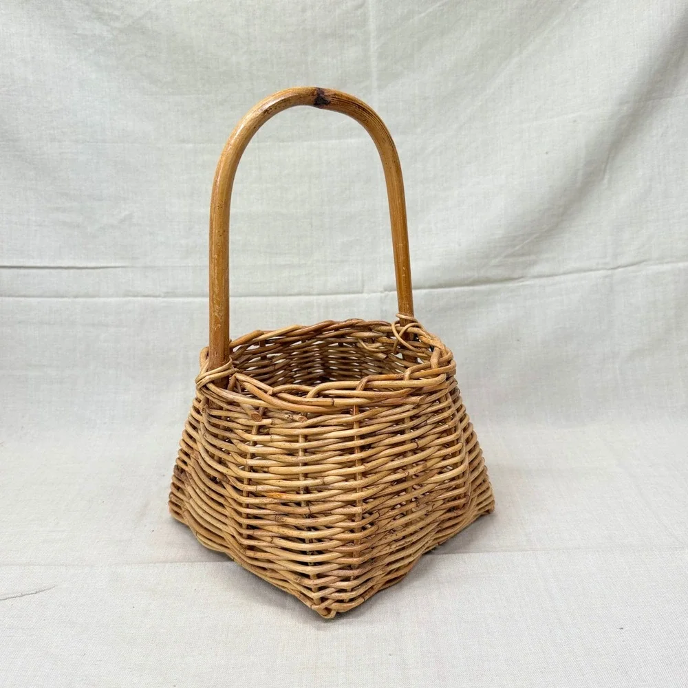 Vintage Wicker Gathering Basket with Handle English Cottage Shelf Decor